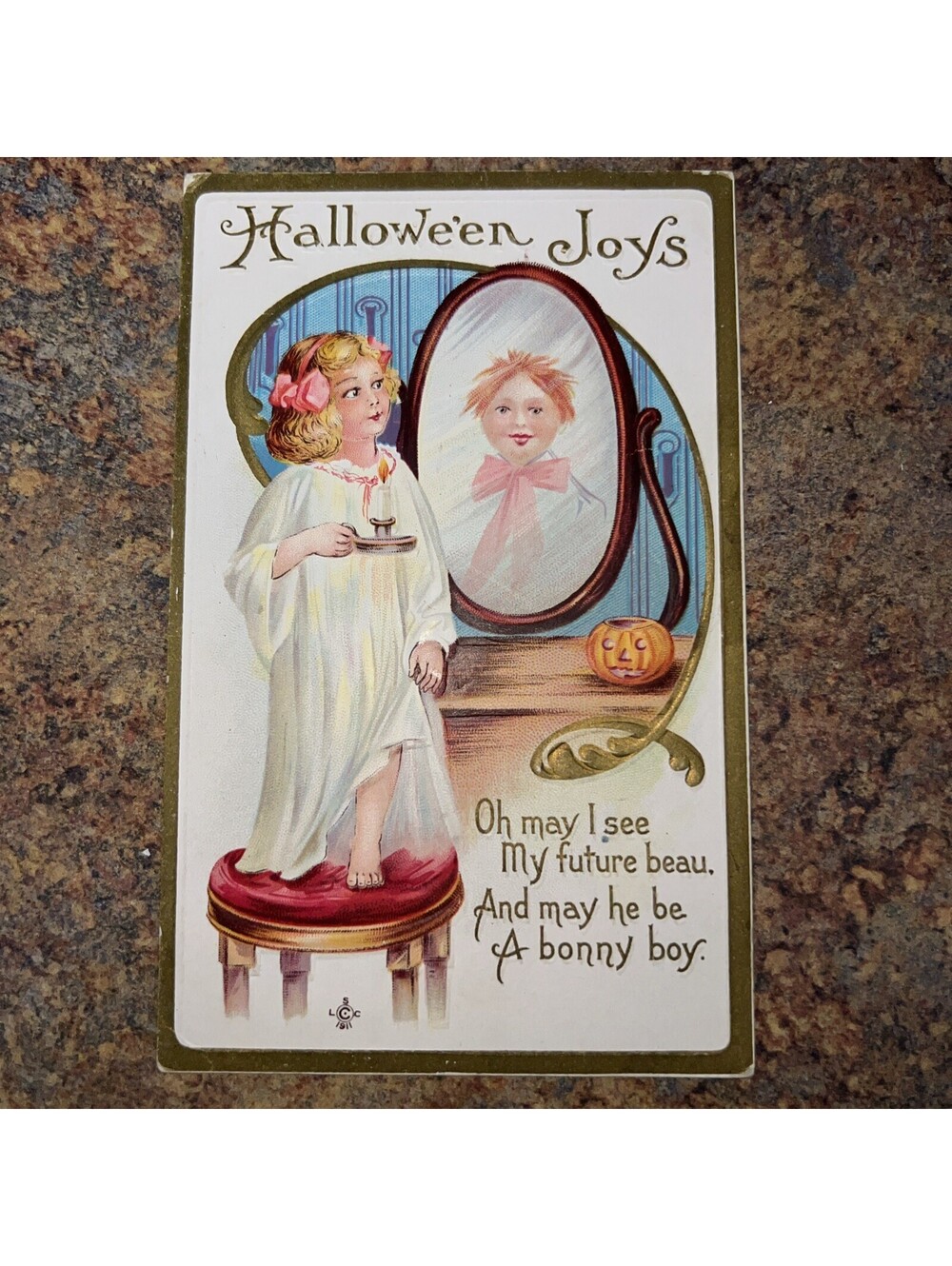 1910 Halloween Postcard Little Girl Casting Spell in Mirror Stetcher